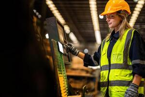 Factory engineer woman standing confident to control panel switch. Worker works at heavy machine at industry factory. worker checking timber of raw wood material. smart industry worker operating. photo