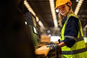 Factory engineer woman standing confident to control panel switch. Worker works at heavy machine at industry factory. worker checking timber of raw wood material. smart industry worker operating. photo