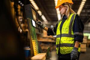 Factory engineer woman standing confident to control panel switch. Worker works at heavy machine at industry factory. worker checking timber of raw wood material. smart industry worker operating. photo