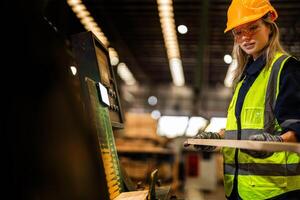 Factory engineer woman standing confident to control panel switch. Worker works at heavy machine at industry factory. worker checking timber of raw wood material. smart industry worker operating. photo