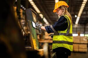 Factory engineer woman standing confident to control panel switch. Worker works at heavy machine at industry factory. worker checking timber of raw wood material. smart industry worker operating. photo