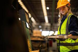 Factory engineer woman standing confident to control panel switch. Worker works at heavy machine at industry factory. worker checking timber of raw wood material. smart industry worker operating. photo