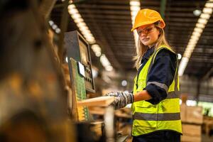 Factory engineer woman standing confident to control panel switch. Worker works at heavy machine at industry factory. worker checking timber of raw wood material. smart industry worker operating. photo