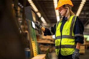 Factory engineer woman standing confident to control panel switch. Worker works at heavy machine at industry factory. worker checking timber of raw wood material. smart industry worker operating. photo