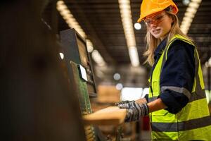 Factory engineer woman standing confident to control panel switch. Worker works at heavy machine at industry factory. worker checking timber of raw wood material. smart industry worker operating. photo