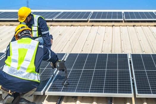 Worker Technicians are working to construct solar panels system on roof with sky and clound on background. Installing solar photovoltaic panel system. Renewable clean energy technology concept. photo