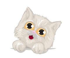 Cute kitten with big beautiful eyes and fluffy legs. White cat, a template for a print on clothes. illustration. vector