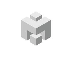 Cube logo, geometric design. Box logotype company, trendy tech emblem in pixel style. vector