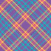 Kilt texture pattern tartan, pink plaid check. Exotic textile fabric background seamless in violet and amber colors. vector
