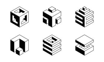 Black and white Cube logo, geometric design. Set box logotype company, trendy techno emblem in isometric 3D style. vector
