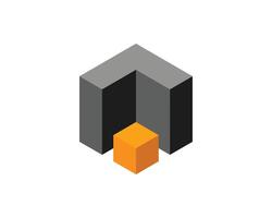 Cube logo, geometric design. Box logotype company, trendy tech emblem in pixel style. vector
