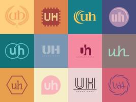 UH logo company template. Letter u and h logotype. Set different classic serif lettering and modern bold text with design elements. Initial font typography. vector