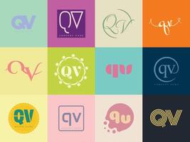QV logo company template. Letter q and v logotype. Set different classic serif lettering and modern bold text with design elements. Initial font typography. vector