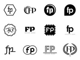 FP logo company template. Letter f and p logotype. Set different classic serif lettering and modern bold text with design elements. Initial font typography. vector