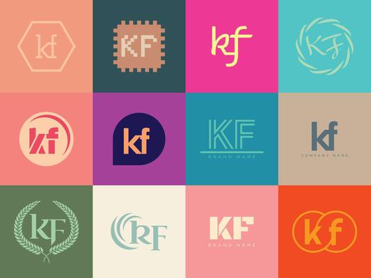 KF logo company template. Letter k and f logotype. Set different classic serif lettering and modern bold text with design elements. Initial font typography.
