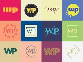 WP logo company template. Letter w and p logotype. Set different classic serif lettering and modern bold text with design elements. Initial font typography. vector