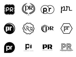 PR logo company template. Letter p and r logotype. Set different classic serif lettering and modern bold text with design elements. Initial font typography. vector