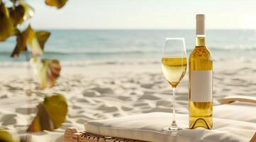 Wine in a bottle with a white blank label and in a glass on a sun lounger on a sandy beach photo