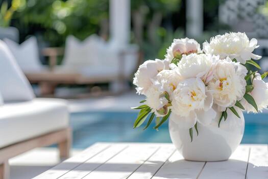 Peonies flowers in a white ceramic vase on an outdoor table by the pool area photo
