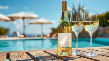 A bottle of white wine with a blank mock-up label and in glasses served by the poolside photo