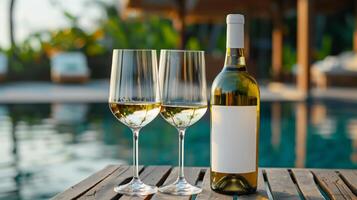 A bottle of white wine with a blank mock-up label and in glasses served by the poolside photo
