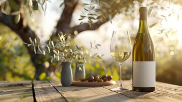 A bottle of white wine with a blank mock-up label and in a glass on an outdoor table under an olive tree in the sunset light photo