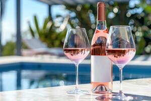 Rose wine in a bottle with white blank mock-up label and glass with blue pool in the background photo