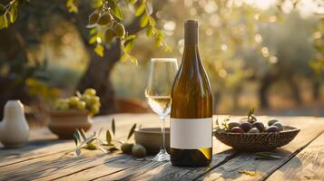 A bottle of white wine with a blank mock-up label and in a glass on an outdoor table under an olive tree in the sunset light photo
