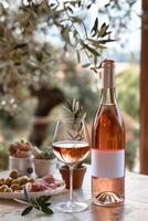 Pink wine in a bottle with a blank mock-up label and in a glass on a table with olives and other appetizers photo