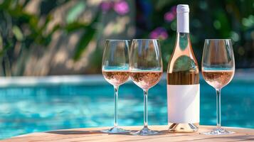 A bottle of rose wine with a blank mock-up label and in glasses served by the poolside photo