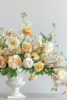 Beautiful bouquet of pink, red and yellow roses, peonies and chrysanthemums photo