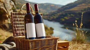 Bottles of wine with blank mock-up labels in a wicker picnic basket for a lakeside picnic photo