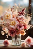 A beautiful bouquet of light orange, beige, white fall flowers photo