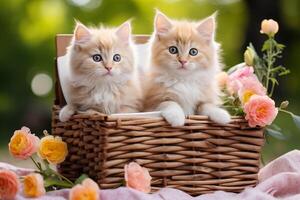 Beautiful little kittens in a wicker basket on the background of spring landscape and rose flowers photo