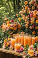 Bright orange cocktails in pyramid-shaped glasses with a composition of orange roses, decorated with orange slices photo