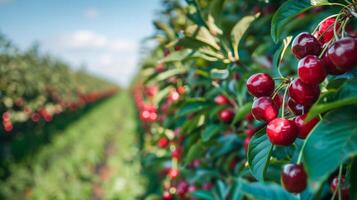 Bright red ripe cherries on a tree branch in a summer cherry garden photo