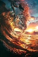 Powerful high swirling ocean wave with spray and foam in the light of the sunset sun photo