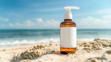 Sunscreen in a brown bottle with white dispensers and blank mock-up label on a sandy beach with a blue ocean backdrop photo