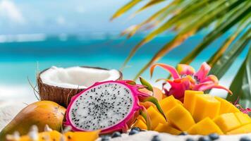 Tropical fruits, mango, papaya, pineapple, coconut with sandy beach, sea and tropical palm in the background photo