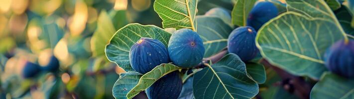 Close-up panoramic image of a ripe fig on a tree branch photo