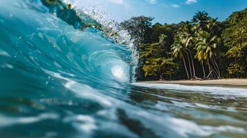 Close-up image of powerful high ocean waves on the background of a tropical island with palm trees and exotic plants photo