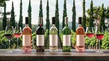 Pink, white and red wine bottled with blank mock-up labels for wine tasting with a summer green backdrop photo