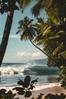 Close-up image of powerful high ocean waves on the background of a tropical island with palm trees and exotic plants photo