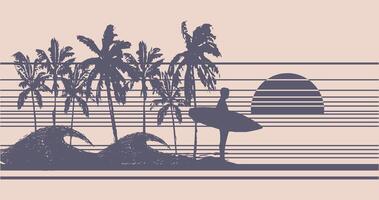 Illustration of a surfer silhouette in the late afternoon. Art with stripes and coconut trees in the background. vector