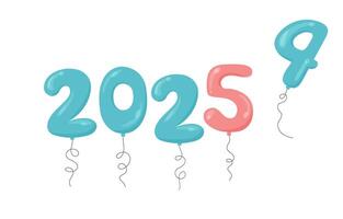 2025 New year change. 2024 ending. Balloons 2025 numbers and flying away digit 4 illustration. Flat style colorful helium balloons isolated vector