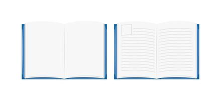 Blank open book, diary, planner isolated. flat illustration of empty book and notebook pages. Top view. Design educational element with copy space vector