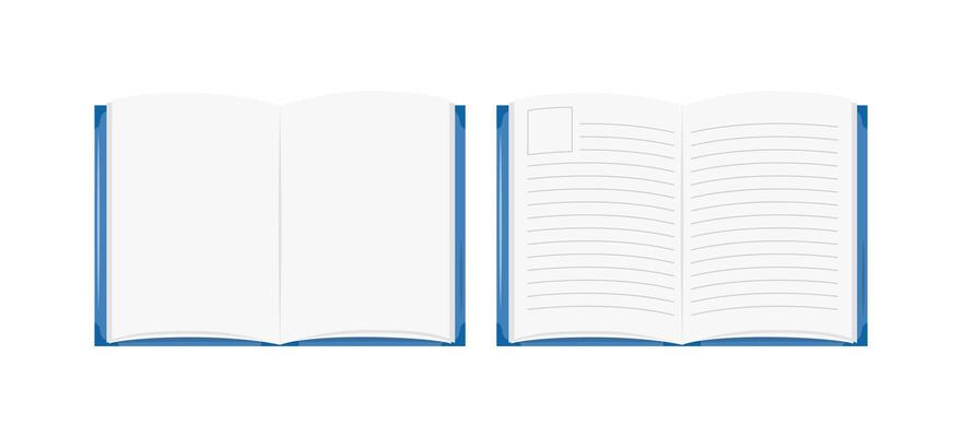 Blank open book, diary, planner isolated. flat illustration of empty book and notebook pages. Top view. Design educational element with copy space