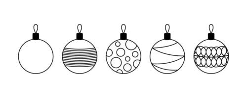 Simple Christmas decorations set. Black Xmas balls with various ornaments. illustration of round festive decor. Outline design elements. vector