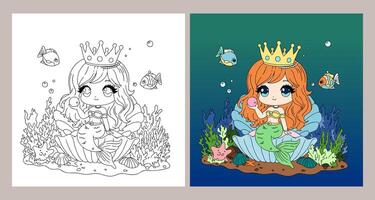 learn to color a mermaid sitting on a seashell, coloring book, coloring pages for children. vector