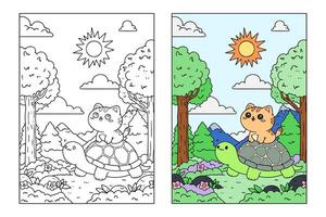 learn to color a cat and a turtle, coloring book, coloring pages for children. vector